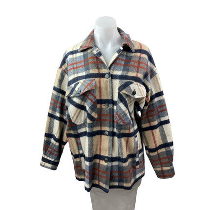 Zara Brown Wool Plaid Check Collared Long Sleeve Button Down Shirt Coat Jacket S