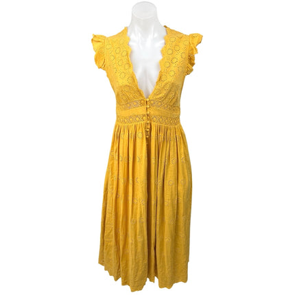 Free People Yellow Linen Eyelet Plunge V-Neck Flutter Sleeve Mini A-Line Dress S