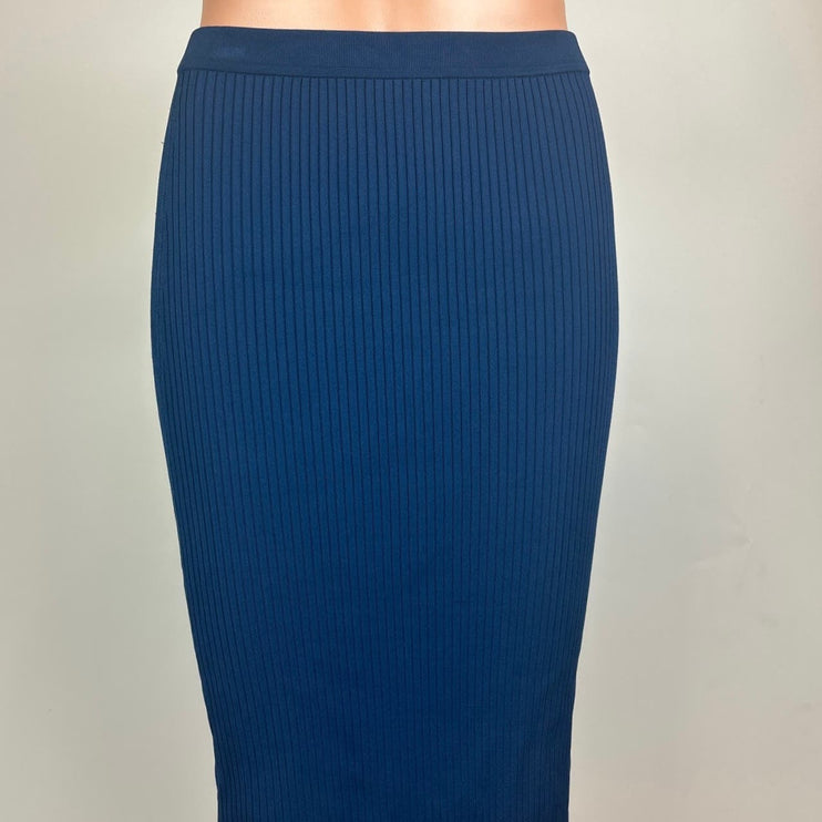 Theory NWT $245 Navy Blue Ribbed Slit Bodycon Midi Straight Pencil Skirt Sz XSP