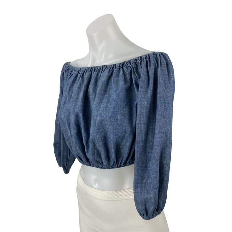 Theory Waleska Chambray Ruched Long Puff Sleeve Off Shoulder Crop Blouse Top S