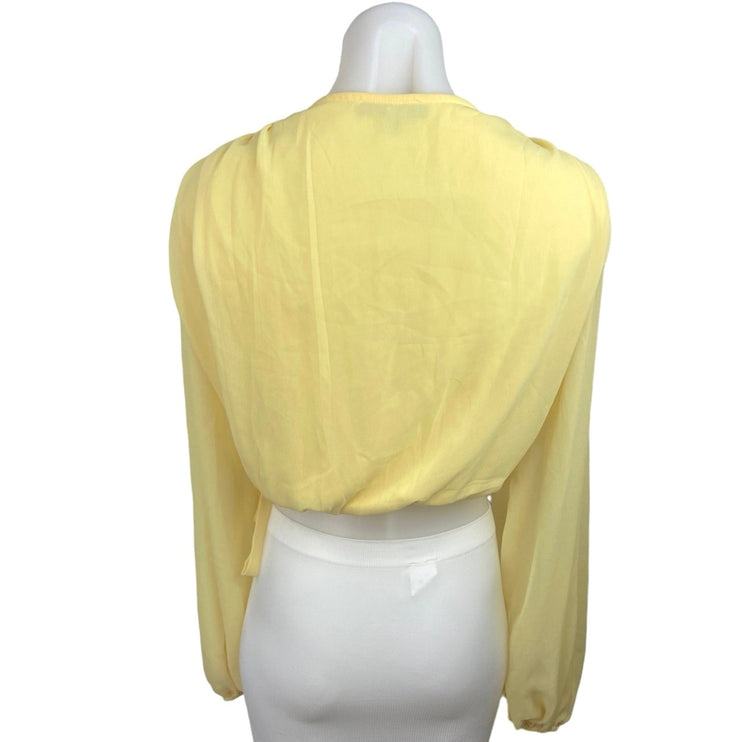 Missguided Yellow Deep V Long Sleeve Elastic Wait Cropped Blouse Top Size 4