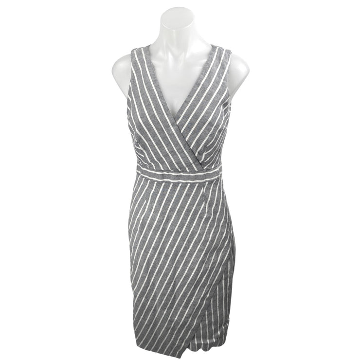 Banana Republic Gray White Striped Sleeveless V Neck Midi Sheath Dress Size 0