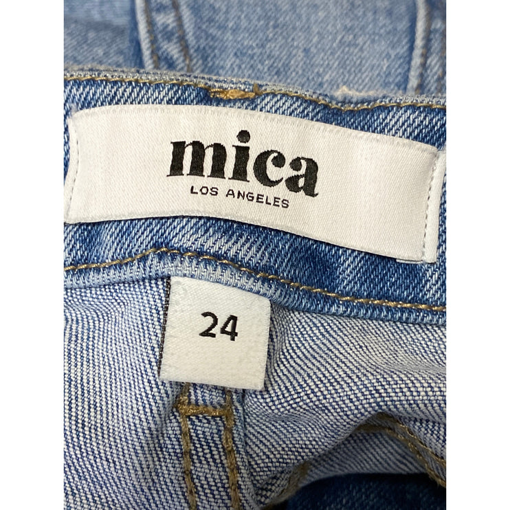 Mica Dehours Stretch Super High Rise Blue Distressed Wide Leg Denim Jeans Sz 24