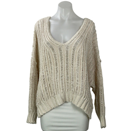 Free People Infinite Women Beige Chunky Knit Oversized V Neck Sweater Top Size M