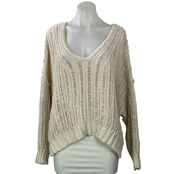 Free People Infinite Women Beige Chunky Knit Oversized V Neck Sweater Top Size M