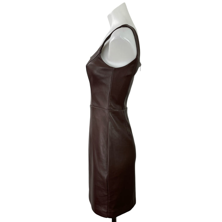 Aqua Brown Faux Vegan Leather Sleeveless Square Neck Zipper Mini Sheath Dress XS