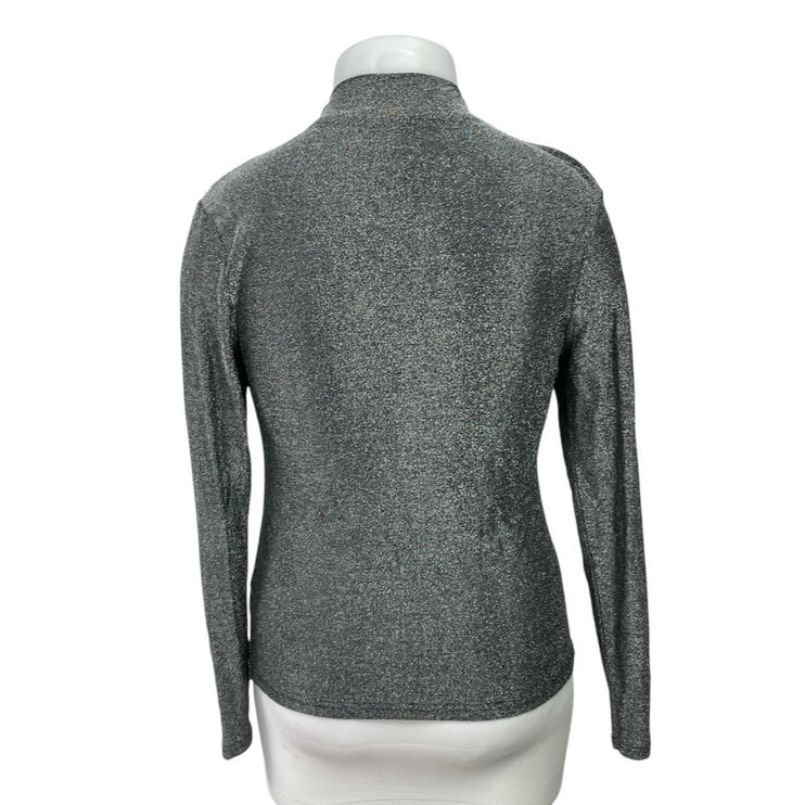 TU Silver Metallic Sparkle Ruched Mock Neck Long Sleeve T-Shirt Blouse Top Sz 16
