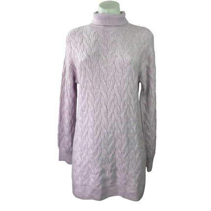 Women's Purple Pink Long Sleeves Cable Knit Turtleneck Mini Sweater Dress Size M