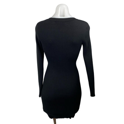 Missguided Black Ribbed Knit Long Sleeve Deep V Neck Mini Bodycon Dress Size 6