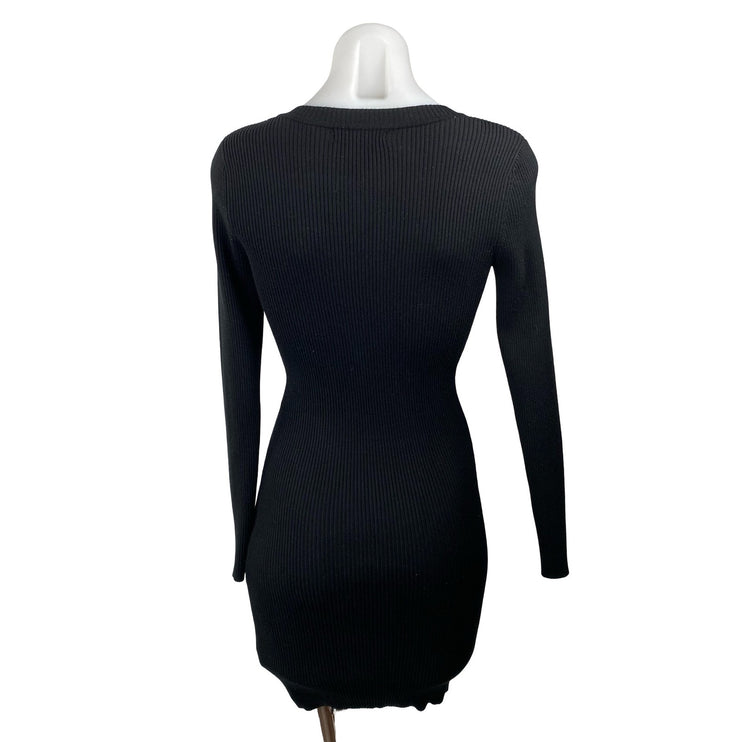 Missguided Black Ribbed Knit Long Sleeve Deep V Neck Mini Bodycon Dress Size 6