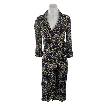Ganni Georgette Multicolor Floral Long Sleeve Asymmetrical Hem Midi Wrap Dress M