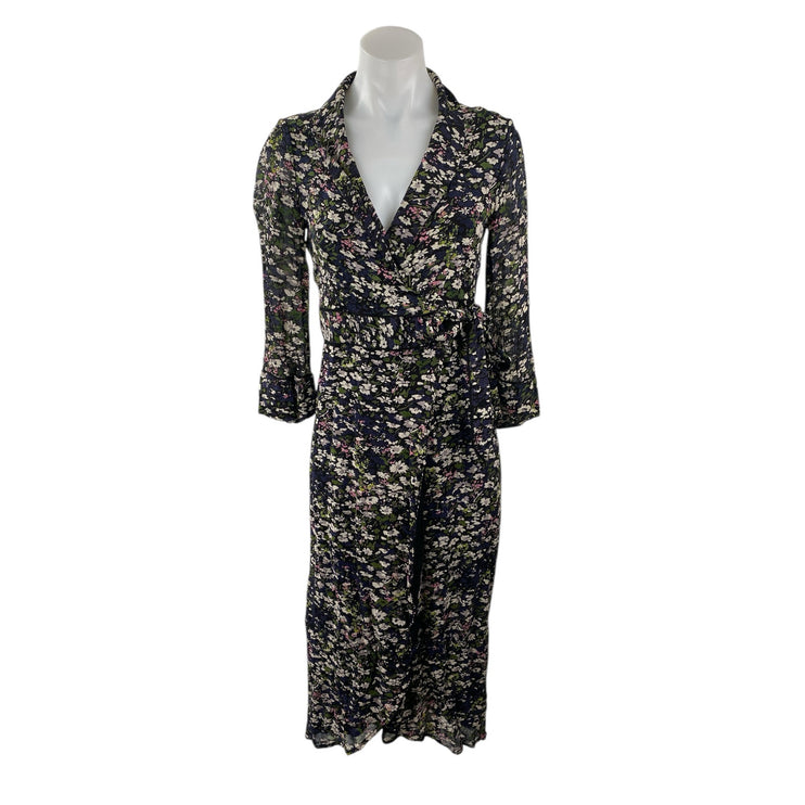 Ganni Georgette Multicolor Floral Long Sleeve Asymmetrical Hem Midi Wrap Dress M