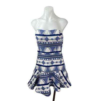 Line and Dot Blue White Aztec Tribal Strapless Sweetheart A Line Mini Dress Sz S