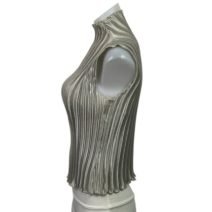 Nicola Women's Gray Silver Sleeveless Mock Neck Pleated Plisse Blouse Top Size L
