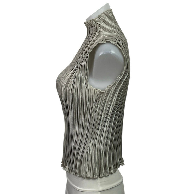 Nicola Women's Gray Silver Sleeveless Mock Neck Pleated Plisse Blouse Top Size L