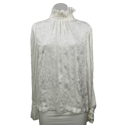 Topshop Women's White Jacquard Ruffle Mock Neck Long Sleeve Blouse Top Size 8