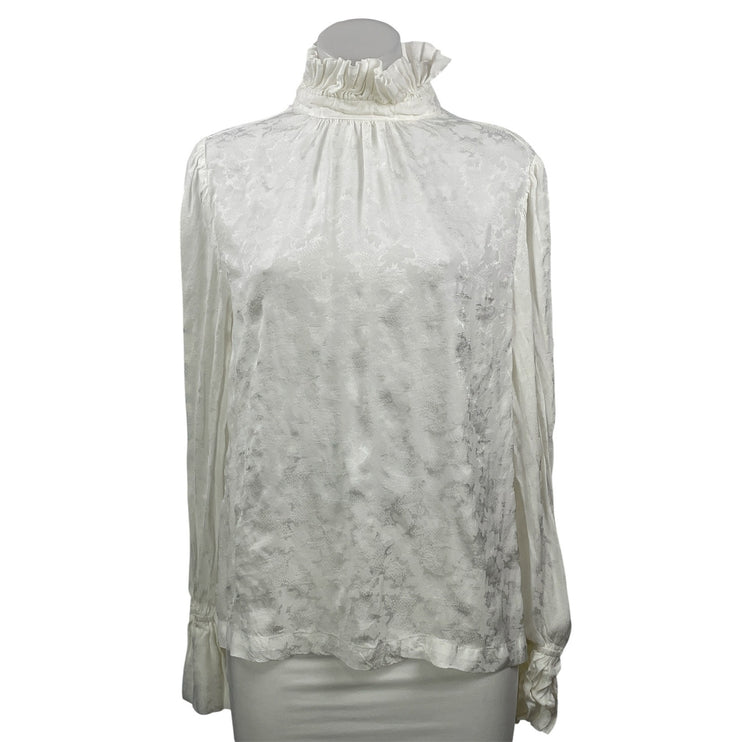 Topshop Women's White Jacquard Ruffle Mock Neck Long Sleeve Blouse Top Size 8