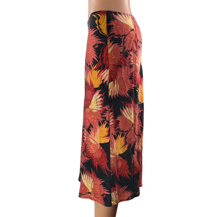 BCBGMaxAzria Black Floral 100% Silk Autumn Mid Waist Flare Pencil Midi Skirt  8
