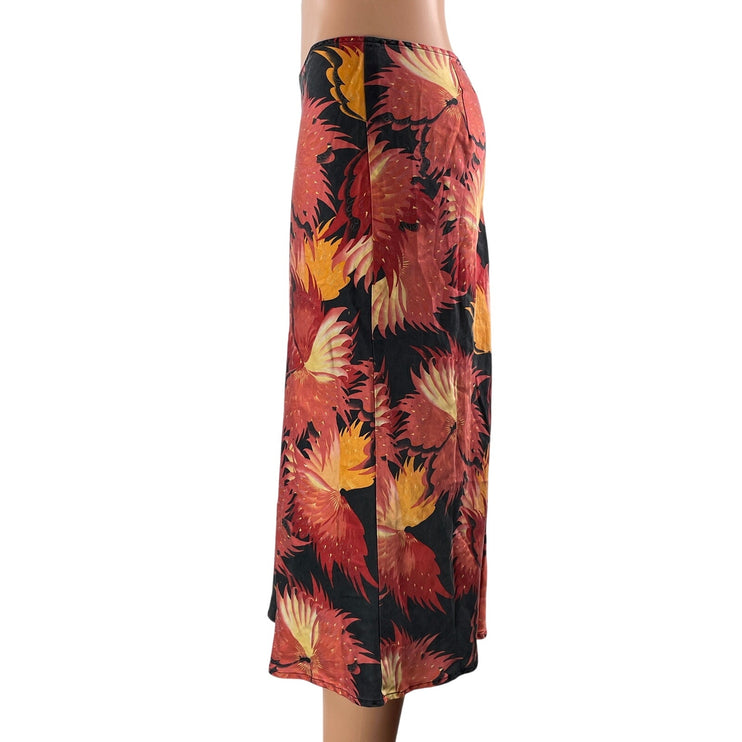 BCBGMaxAzria Black Floral 100% Silk Autumn Mid Waist Flare Pencil Midi Skirt  8
