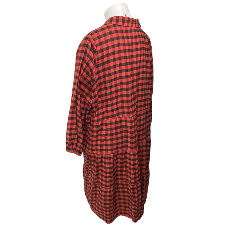 Violet Red Black Plaid Checkered Long Sleeve Button Tiered Midi Shirt Dress 18