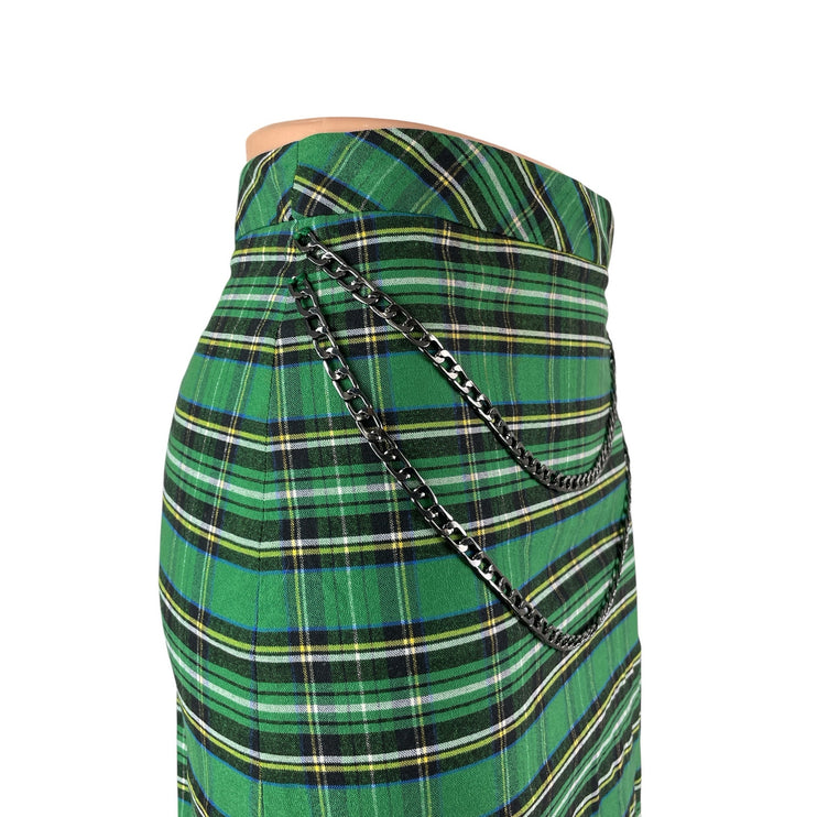 Zara Women's Green Plaid Check Chain High Rise Mini Straight A-Line Skirt Sz XS