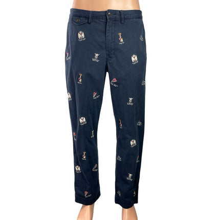 Polo Ralph Lauren Men's Navy Blue Embroidered Straight Trousers Pants Sz 34x30