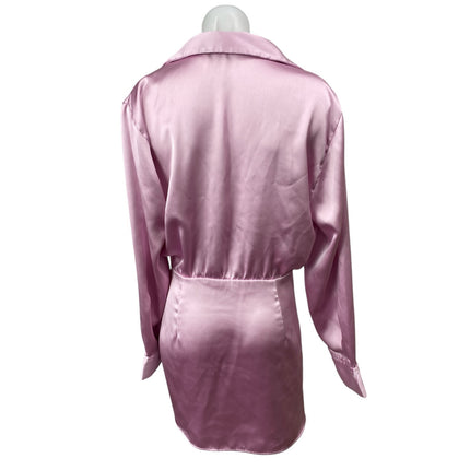 ZARA Pink Satin Ruched Draped Collared Long Sleeve Mini Wrap Shirt Dress Size M