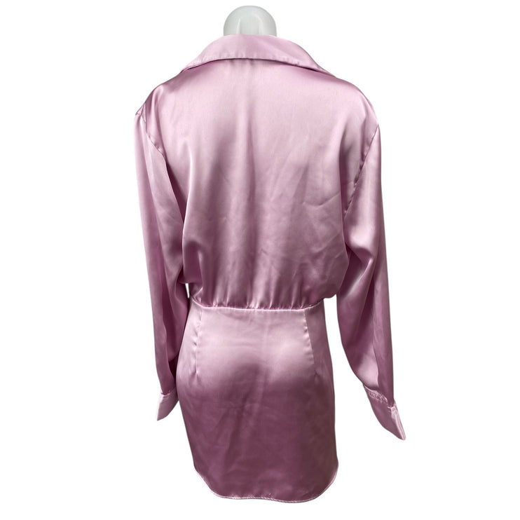 ZARA Pink Satin Ruched Draped Collared Long Sleeve Mini Wrap Shirt Dress Size M