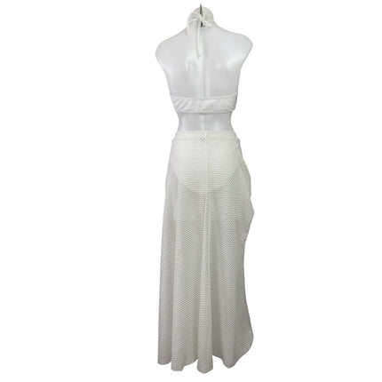Womens White Crochet Cutout One Piece Swimsuit & Skirt Cover Up Co-ords Set Sz M