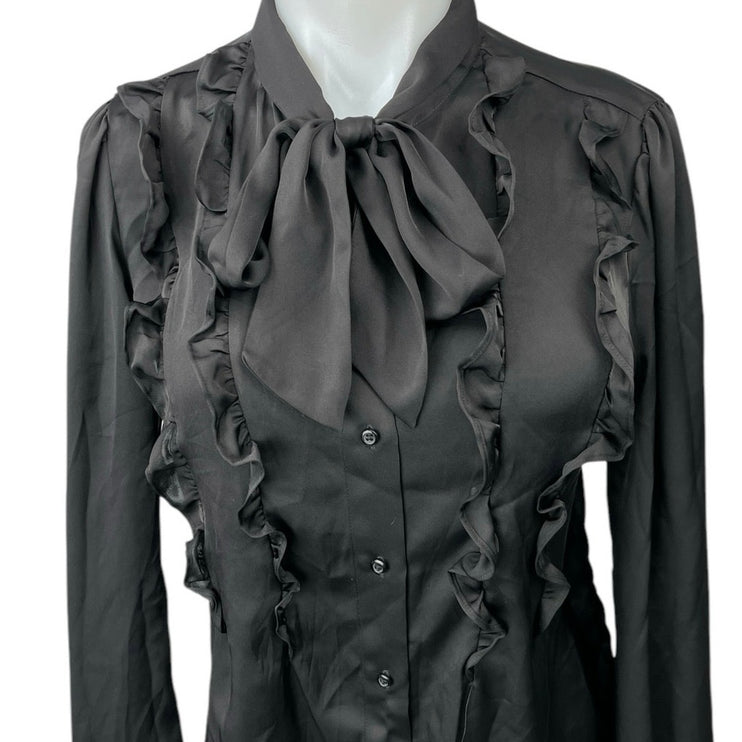 Express Black Silky Satin Bow Tie Neck Ruffle Button Down Shirt Blouse Top Sz L