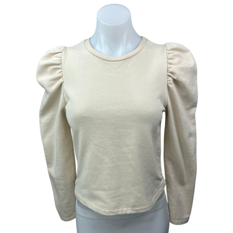 Zara Cream White Knit Puff Long Sleeve Crew Neck Pullover Sweater Blouse Top S