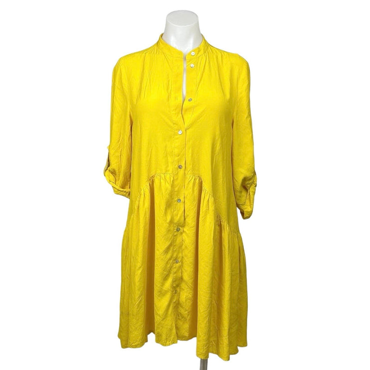 Zara NWOT Women's Yellow Roll Tab Sleeve Button Down Mini Shirt Dress Size S