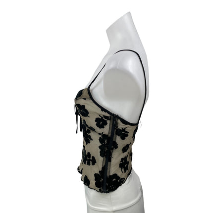 Lioness Basic Instinct Beige Black Velvet Floral Sleeveless Mesh Camisole Top XS