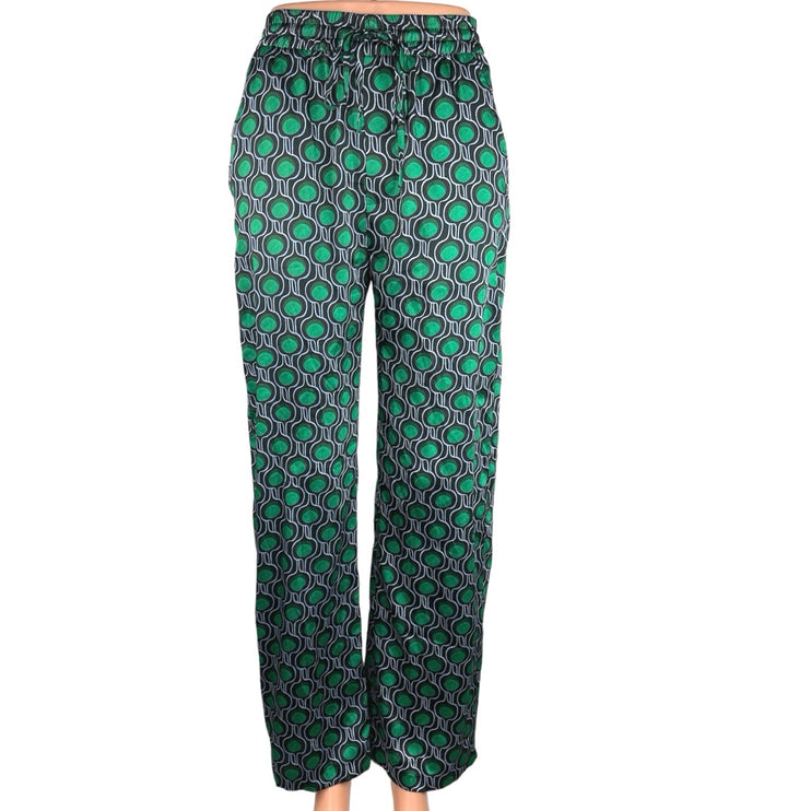 Zara Green Black High Rise Elastic Waist Pull On Drawstring Wide Leg Pants Sz XS