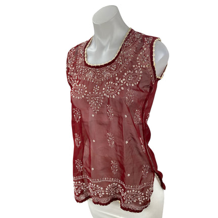 Women's Maroon Embroidered Paisley Mesh Sheer Sleeveless Tank Blouse Top Size S