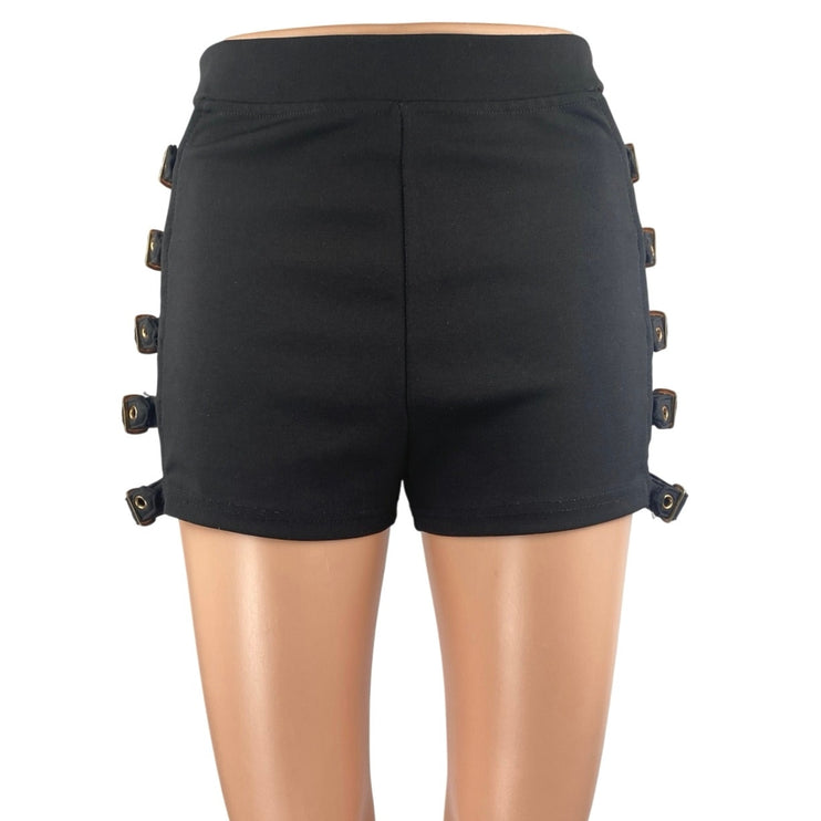 Kaylee Kollection Women's Black Cutout Buckle High Waisted Zip Mini Shorts Sz M