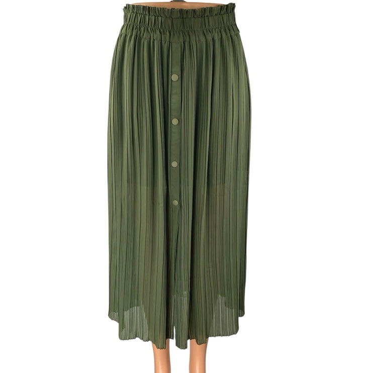 Zara Green Pleated Tie Waist Button Midi Straight A-line Paperbag Skirt Size XS