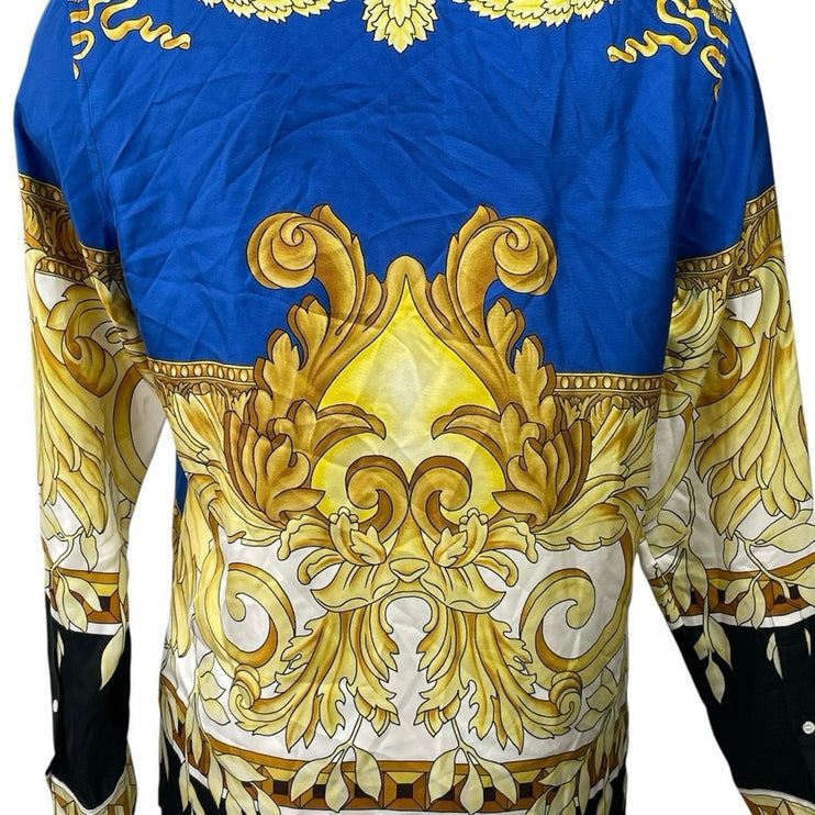 NEW Versace 100% Silk Blue Gold Renaissance Baroque Print Long Sleeve Shirt 48