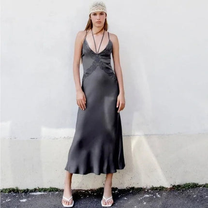 Zara Charcoal Gray Embroidered Lace Sleeveless Cami Slip Midi Dress Size XS