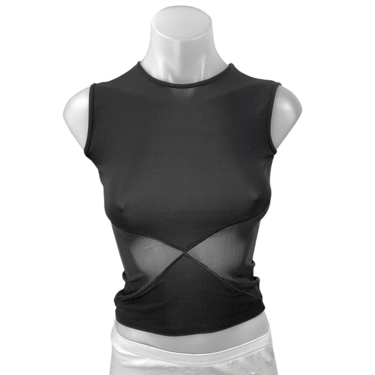 Miaou Women's Black Sleeveless High Neck Cutout Sheer Mesh Crop Tank Top Sz XXS