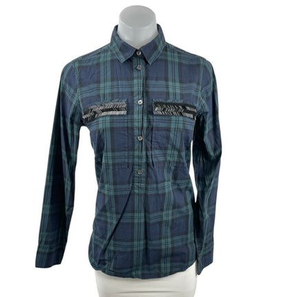 J.Crew Check Plaid Beaded Collared Long Sleeve Button Down Shirt Blouse Top Sz 2