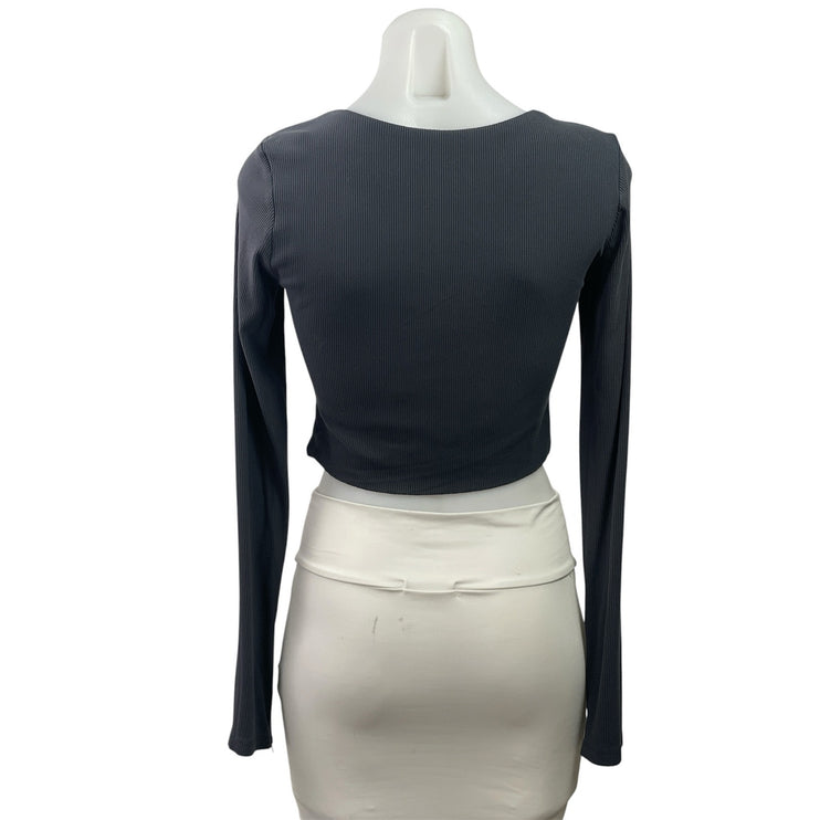 White Fox Women's Dark Gray Ribbed Knit Full Zip Long Sleeve Crop Top Size L