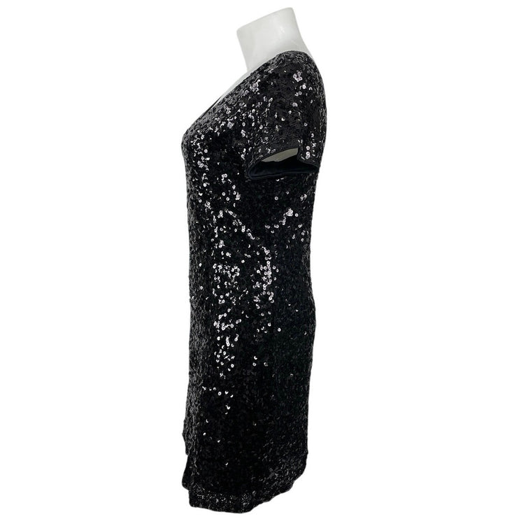 Maner Women's Black Sequin V Neck Short Sleeve Mini Sheath Bodycon Dress Sz XL