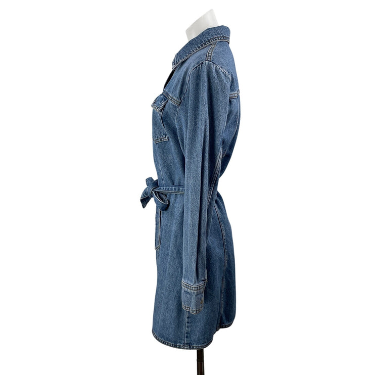 Zara Women's Blue Long Sleeve Tie Waist Button Up Denim Jean Shirt Dress Size L