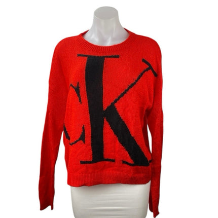 Calvin Klein Jeans Women's Red CK Logo Long Sleeve Crewneck Sweater Top Size S