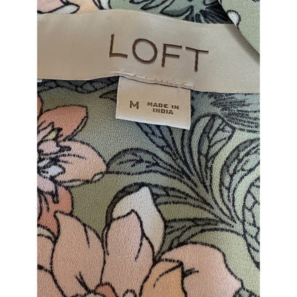 Ann Taylor LOFT Green Floral Ruffle Sleeve Tie Neck Bow Shirt Blouse Top Size M