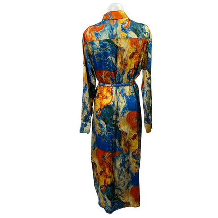 Fashion Nova Valerie Multicolor Satin Abstract Button Down Midi Shirt Dress Sz L