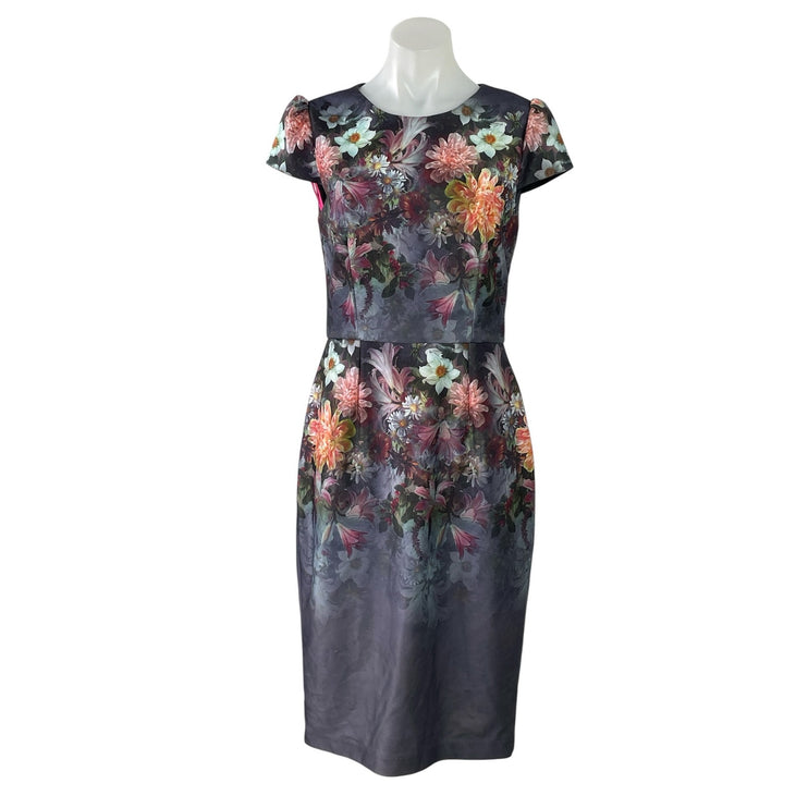 Betsey Johnson Multicolor Floral Short Sleeve Back Slit Mini Sheath Dress Size 6