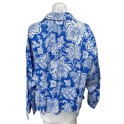 Foxcroft Marina Blue White Floral Long Sleeve Button Down Pocket Shirt Top Sz 2X