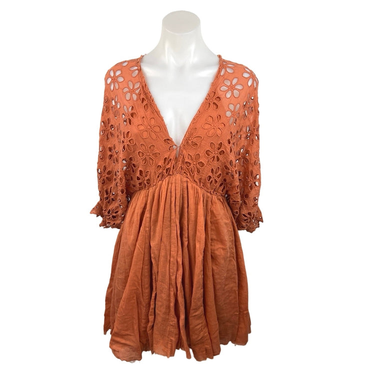 Free People Women's Orange Raw Edges V-Neck Pleated Fit  & Flare Mini Dress Sz S